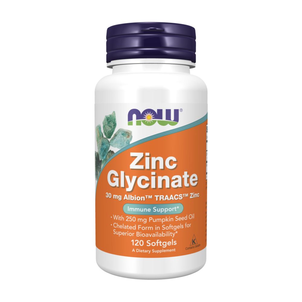 Now Zinc Glycinate Albion Traacs, 30 mg, 120 Softgels, Enhanced with 250 mg of Pumpkin Seed Oil